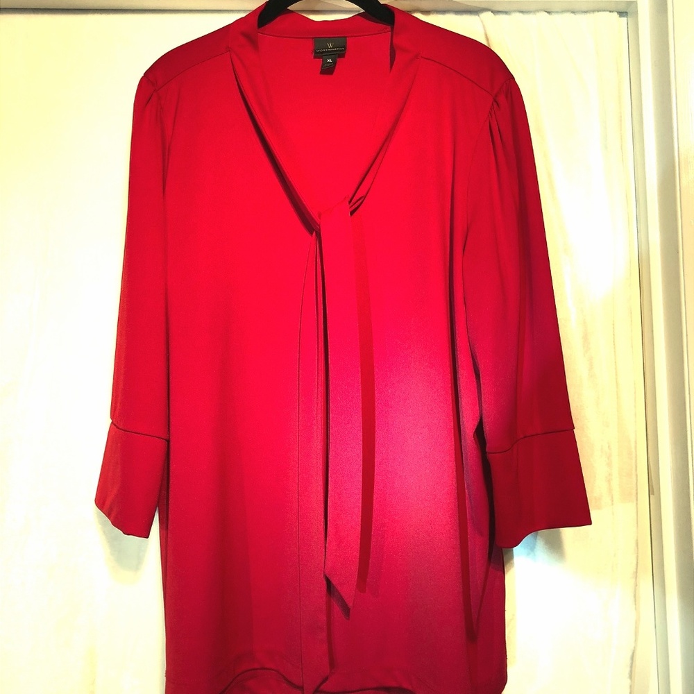 Red Blouse Top with Tie Neck 3/4 Length Sleeves